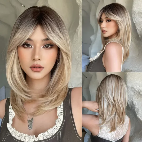 18-Inch Ombre Blonde Wig for Women | Layered Bob Synthetic Straight Hair