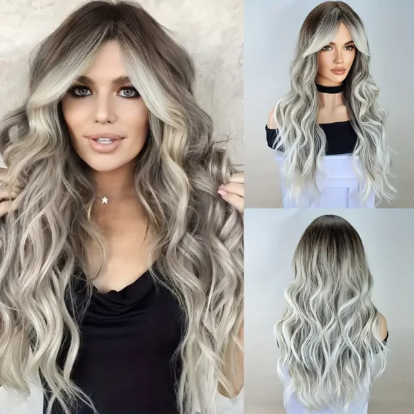 26-Inch Long Ombre Blonde Wig with Curtain Bangs