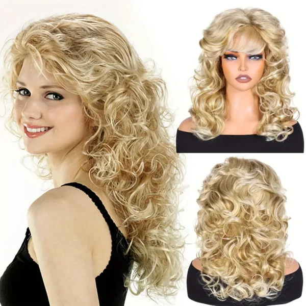 Blonde Wig 20 Inch Long Curly Hair with Bangs - Natural & Fluffy Synthetic Wig