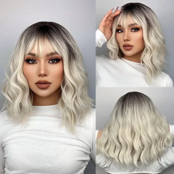 Platinum Ombre Blonde Wig – Short Wavy Bob with Bangs