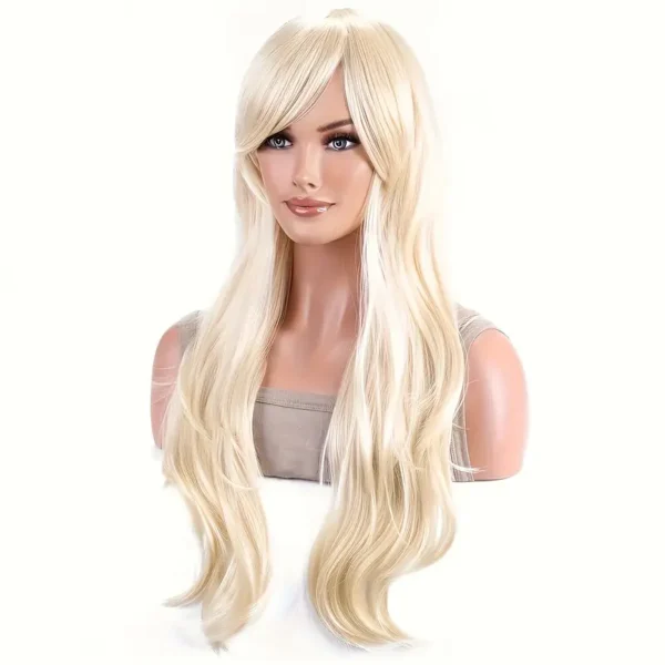 Light Blonde Wig with Bangs | Long Curly Synthetic Hair for Cosplay & Events