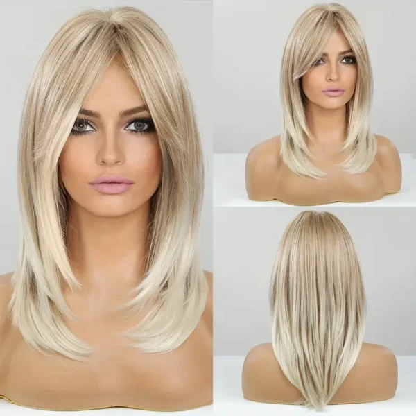 Elegant Ombre Blonde Wig with Curtain Bangs